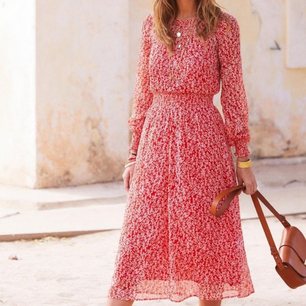 Sezane Robe Julia Fleurs Rouge Midi Dress Red XS